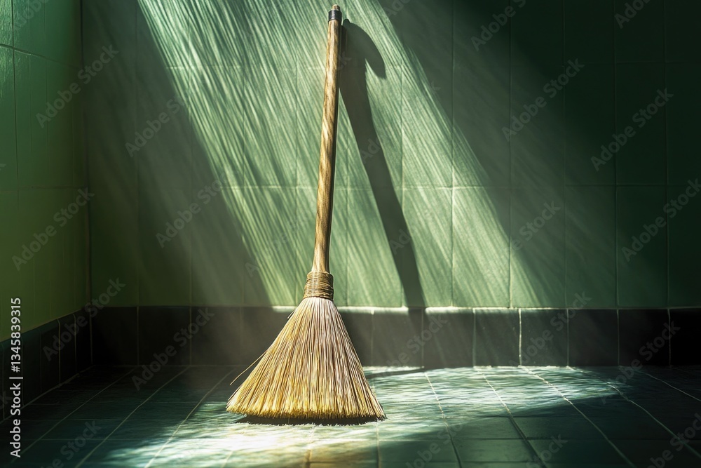 Poster a broom is placed in the center of a well-maintained tiled floor
