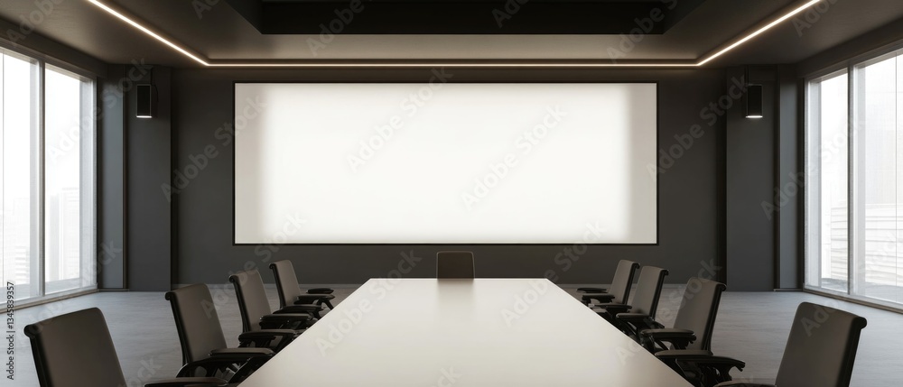 Poster projector screen and chairs in a conference setting