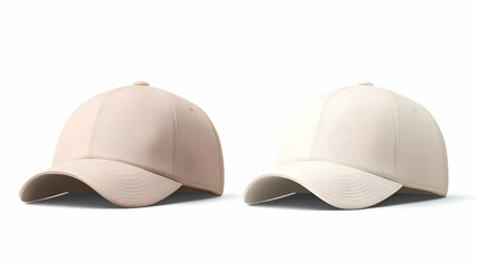 Fototapeta premium Two Beige Baseball Caps Isolated on White Background in Studio Shot Fashion Accessory View