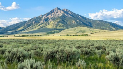A majestic mountain towers over expansive grasslands and shrubbery