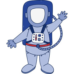 Cute colorful line astronaut in space suit waving welcome and going to cosmos. Friendly cosmonaut character in childish style. Hand drawn outline universe doodle isolated on white background.