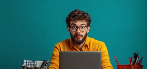 Man in a yellow shirt is sitting at a desk with a laptop in front of him. He is wearing glasses and he is surprised or shocked. The desk is cluttered with various items such as a cup, a cell phone