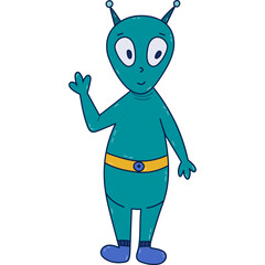 Cute colorful doodle of green alien smiling and waving hello. Friendly extraterrestrial monster with big eyes, in boots and belt. Hand drawn outline childish weird creature isolated on background.