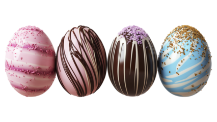 Luxurious chocolate Easter eggs pastel and dark chocolate coatings adorned with frosting, pearls, and sprinkles, isolated on white transparent background