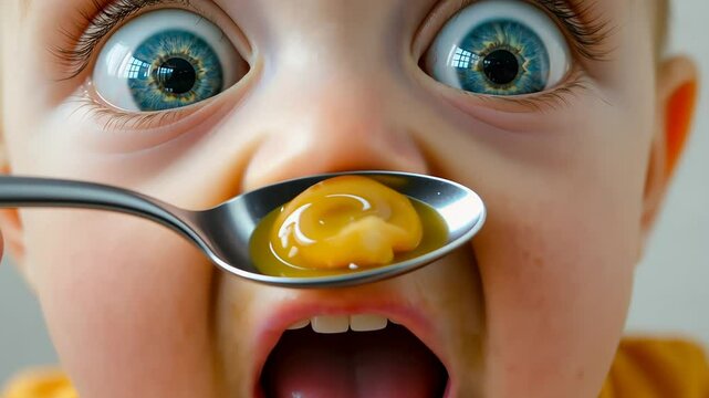 Loss or lack of appetite, anorexia nervosa, picky eater concept. Close-up shot of a baby with wide blue eyes, looking surprised while a spoonful of food is brought to his mouth.	