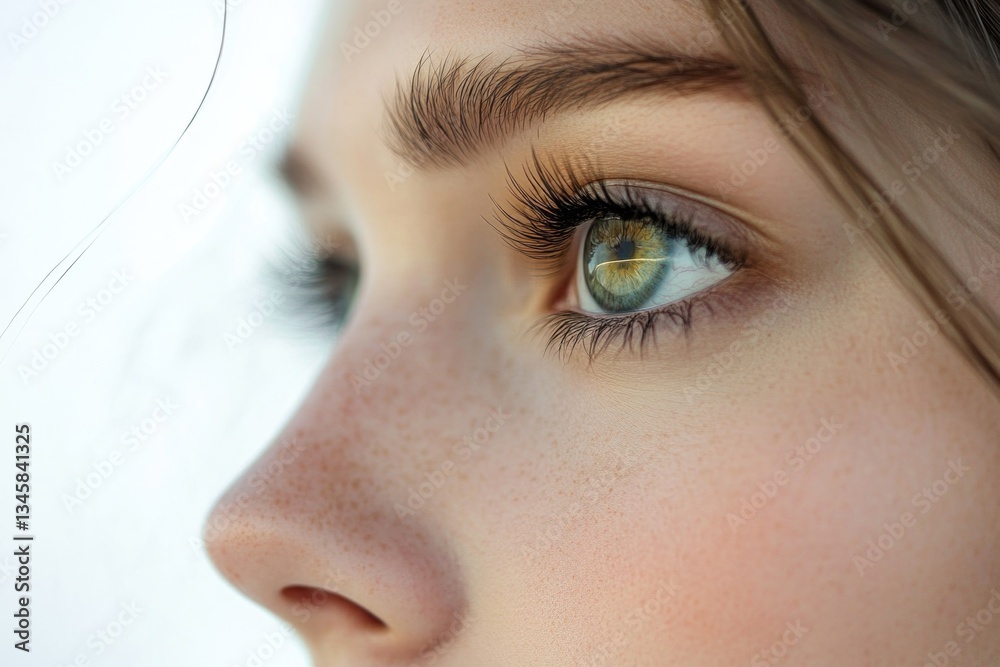 Poster a close-up shot of a woman's eye with visible freckles, suitable for use in personal or editorial pr
