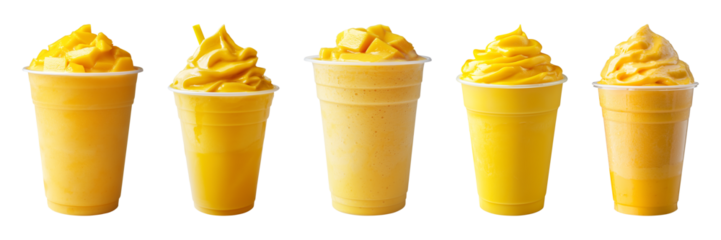 Mango smoothie or milkshake in plastic takeaway glass isolated on a transparent or white background, cut out, PNG