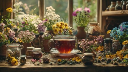 A cup of tea surrounded by colorful flowers and herbs