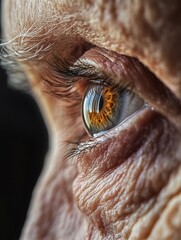 Close-up of an elderly person's eye, emphasizing crow's feet and delicate skin. The light and shadows emphasize the beauty of old age, making every tiny wrinkle visible in stunning detail.