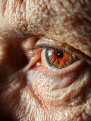 Close-up of an elderly person's eye, emphasizing crow's feet and delicate skin. The light and shadows emphasize the beauty of old age, making every tiny wrinkle visible in stunning detail.