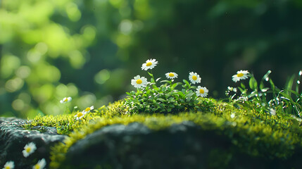 Close Up Of Delicate White Daisies Blossoming On A Moss Covered Stone Surface With Green Foliage Background