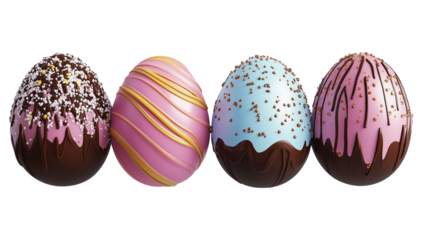 Luxurious chocolate Easter eggs pastel and dark chocolate coatings adorned with frosting, pearls, and sprinkles, isolated on white transparent background