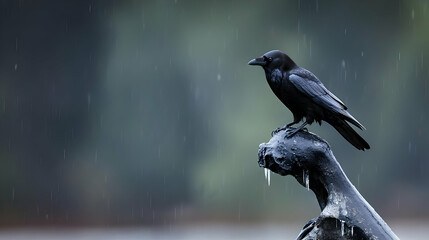 Raven Perched On Wet Statue In Rainy Weather