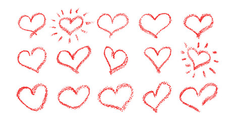Set of red hearts signs drawn by wax pencil. Love symbols in doodle style. Collection of hand drawn kid hearts elements for valentine card or rock, hip hop music poster design. Vector illustration.