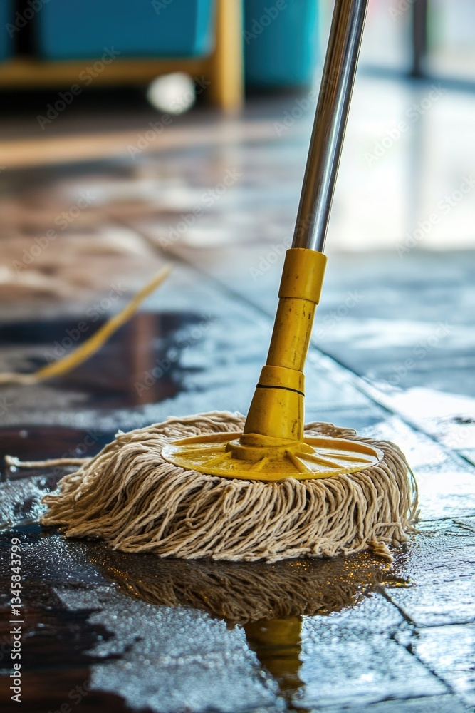 Poster a wet mop leaning against a floor with a yellow handle