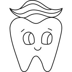 Cheerful line doodle tooth with toothpaste on it. Smiling tooth with happy face ready to get dental care. Dentistry concept for kids for oral and teeth hygiene and treatment. Isolated vector.