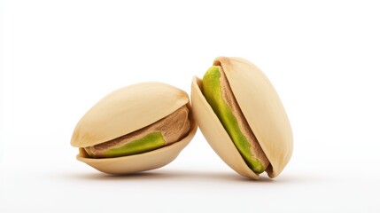 Two green and yellow nuts with a green stem. The nuts are sitting on a white background. The nuts are not whole, but have been cut in half