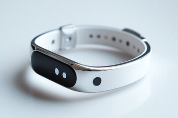 a white wrist watch with a black button on it's side and a white strap around the wrist