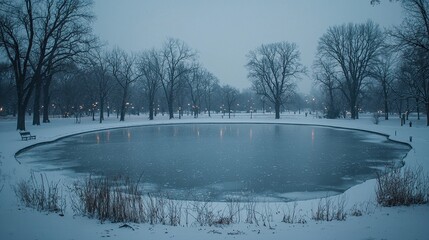A Snow Covered Park Scene Features a Frozen Pond and Trees