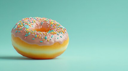 Pink Glazed Donut with Rainbow Sprinkles on Teal Background