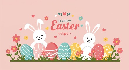 Cheerful Easter card with cartoon bunnies and colorful eggs for children's event invitations, family holiday greetings, spring celebration announcements, and digital cards