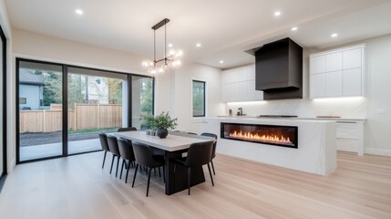 Modern open-concept kitchen and dining area with backyard view.  Features include a large island with a fireplace, black accents, and sleek white cabinetry