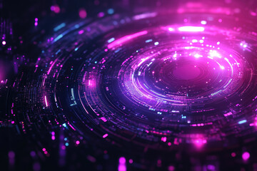 Fototapeta premium Futuristic digital interface with glowing pink and violet circular data visualization, symbolizing technology, innovation, the concept of cyber space. Neon abstract background. Banner with copy space