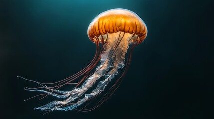 Jellyfish is floating in the water. The jellyfish is orange and white. The water is dark blue
