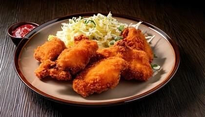 Fototapeta premium A plate of golden-brown crispy fried chicken served with fresh coleslaw and a side of tangy dipping sauce.