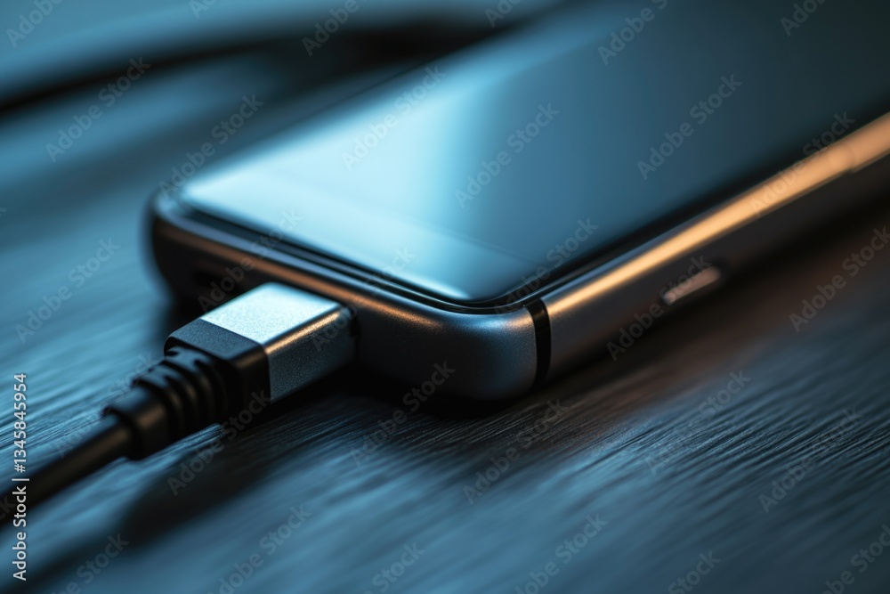 Poster a close-up view of a cell phone connected to a charger, ready to recharge