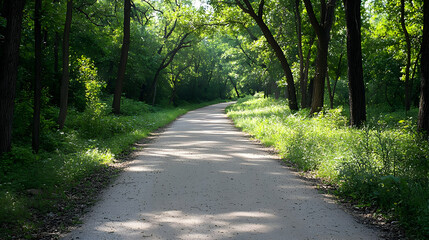 Obraz premium Gravel Pathway Through Lush Green Forest Under Bright Sunlight Creating Serene Outdoor Landscape