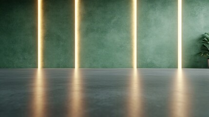 Fototapeta premium Green wall, glowing lines, concrete floor, plant