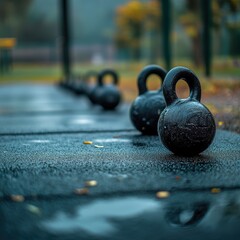 Fototapeta premium A series of kettlebells lined up on a wet outdoor gym floor create an appealing scene for fitness and exercise themes, Ideal for promoting workouts, gym facilities, or health-related content,