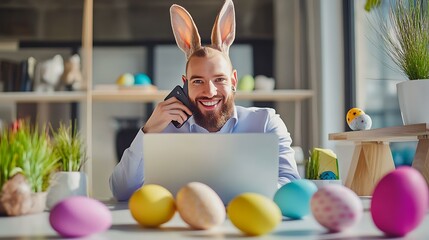 A happy executive taking a moment to embrace Easter cheer while handling work calls