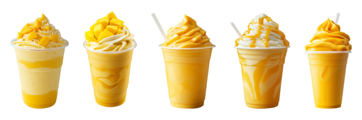 Mango smoothie or milkshake in plastic takeaway glass isolated on a transparent or white background, cut out, PNG