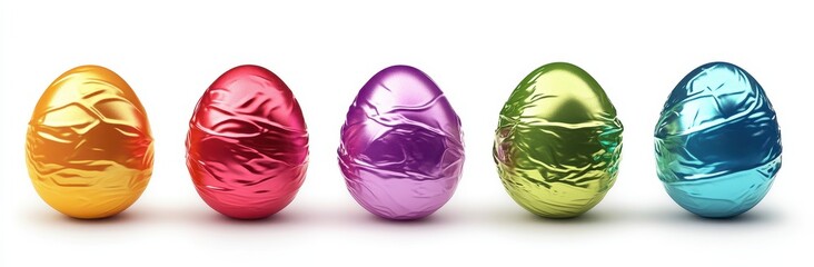 Colorful Foil Wrapped Easter Eggs Displayed in a Row on a White Background, Perfect for Celebrating Spring Festivities and Holiday Traditions