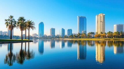Naklejka premium Skyscrapers Reflected in Calm Lake with Palm Trees and Clear Blue Sky in Urban Landscape at Sunrise