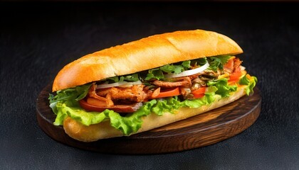 A delicious Vietnamese banh mi sandwich with crispy baguette, grilled meat, fresh vegetables, and herbs.