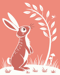 Obraz premium A stylized illustration of a rabbit looking up at a butterfly near a small tree. Perfect for Spring Invitations, Holiday Branding, and Creative Event Projects