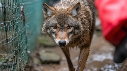 Naklejka premium Wet Coyote Approaching Through Fence in Snowy Enclosure