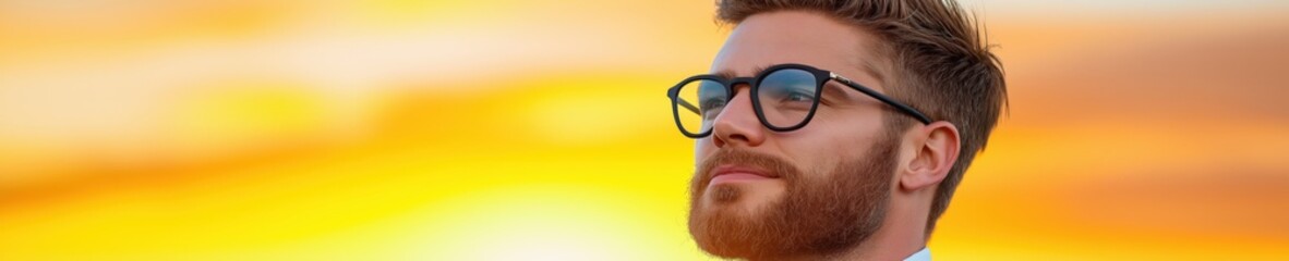 Fototapeta premium Man wearing glasses looks thoughtfully towards a vibrant sunset while in a relaxed outdoor setting
