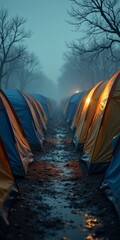 A serene forest scene with a row of tents in the distance, surrounded by trees and a misty atmosphere