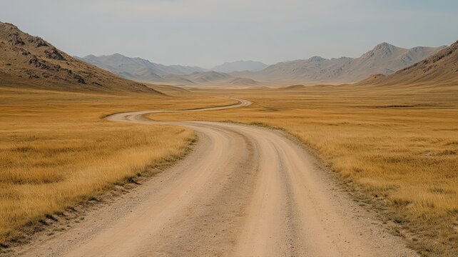 Winding Dirt Road Through Golden Grasslands and Low Hills Under Hazy Sky - Powered by Adobe