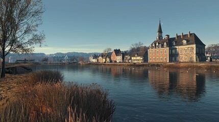 Obraz premium A serene lakeside village scene reflecting in tranquil waters