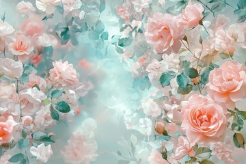 Soft focus pastel roses bloom in a dreamlike garden.