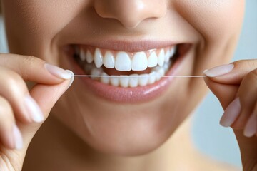 Fototapeta premium A woman holding dental floss dentist appointment at home oral hygiene tips bright environment close-up view promoting healthy teeth care