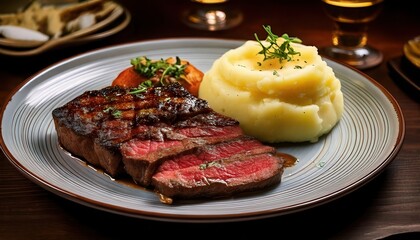 A perfectly seared steak with rich grill marks, sliced to reveal a juicy medium-rare center, served with creamy mashed potatoes.