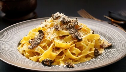 A luxurious plate of tagliatelle pasta topped with shaved black truffles, parmesan cheese, and rich butter sauce.