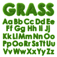 Fototapeta premium 3d grass text with green fluffy font of English ABC alphabet. Fresh plant type effect. Render capital and small letters with soft furry herb texture. Nature, ecology, organic elements. 3D illustration