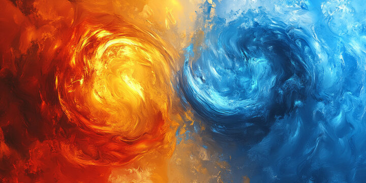 A radiant, colorful abstract background inspired by the beauty of fire and ice. The swirling contrasts of intense fiery reds, icy blues, and warm golden tones create a dramatic, elemental, and
